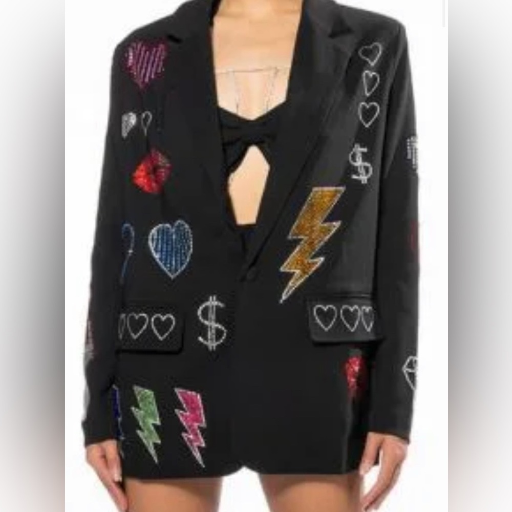Akira FLASHING LIGHTS RHINESTONE EMBELLISHED BLAZER IN BLACK MULTI